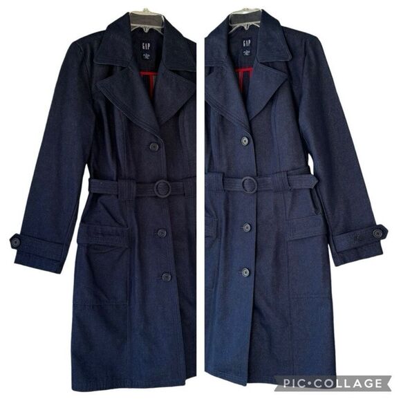 GAP Vintage Y2K Denim Blue Dark Wash Trench Coat Jacket Belted Pockets Size M - Picture 3 of 9